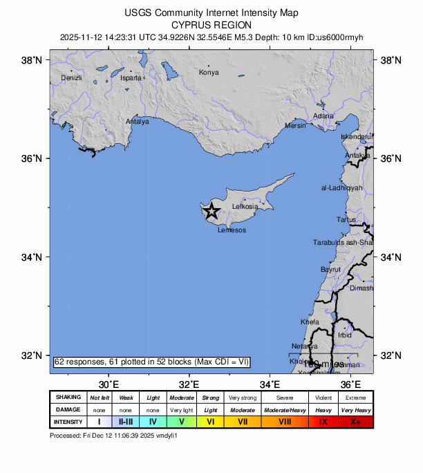 USGS DYFI community-reported intensity map for the M5.3 earthquake near 5 km NE of Polémi, Cyprus
