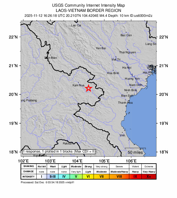 USGS DYFI community-reported intensity map for the M4.4 earthquake near 45 km ESE of Xam Nua, Laos
