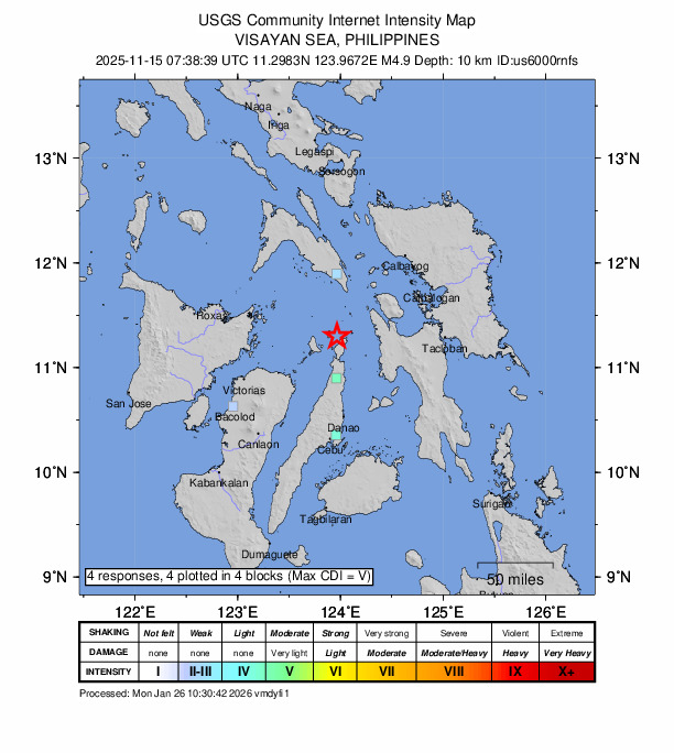 USGS DYFI community-reported intensity map for the M4.9 earthquake near 7 km WNW of Tapilon, Philippines