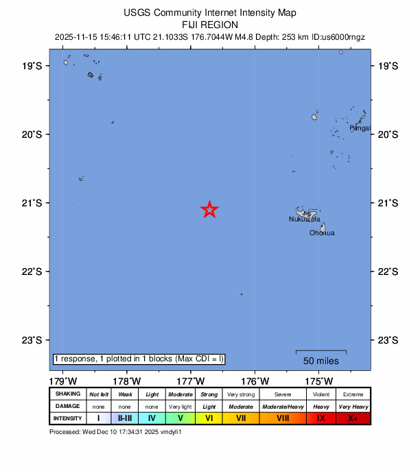 USGS DYFI community-reported intensity map for the M4.8 earthquake near 145 km W of Houma, Tonga