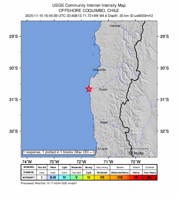 USGS DYFI community-reported intensity map for the M4.6 earthquake near 50 km W of Ovalle, Chile