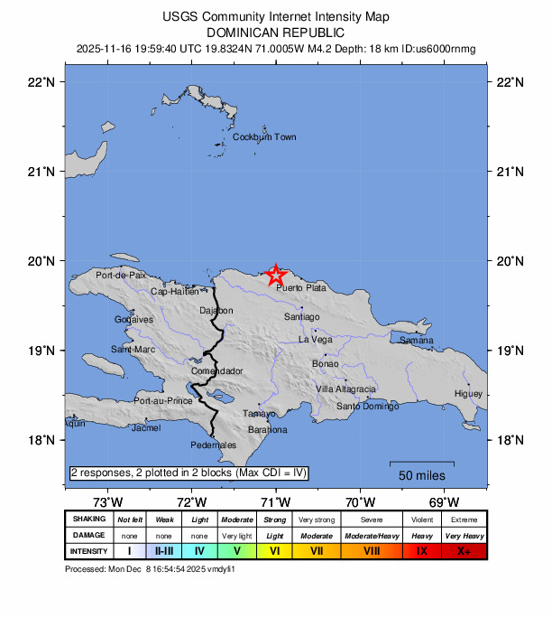USGS DYFI community-reported intensity map for the M4.2 earthquake near 6 km ENE of Villa Isabela, Dominican Republic