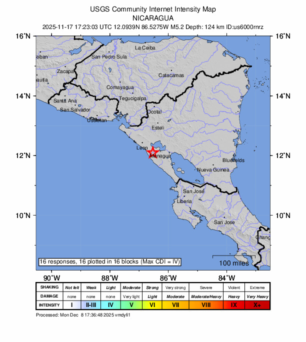 USGS DYFI community-reported intensity map for the M5.2 earthquake near 12 km N of Villa El Carmen, Nicaragua
