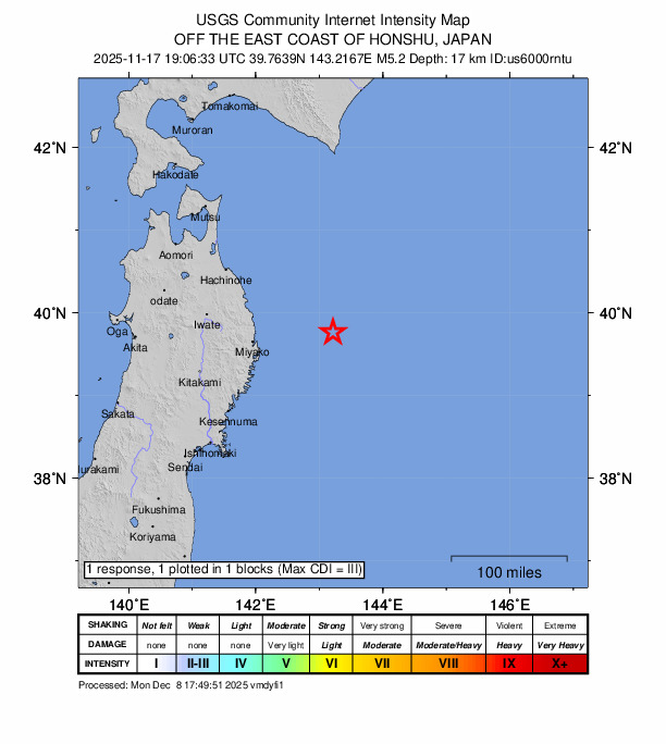 USGS DYFI community-reported intensity map for the M5.2 earthquake near 110 km E of Miyako, Japan