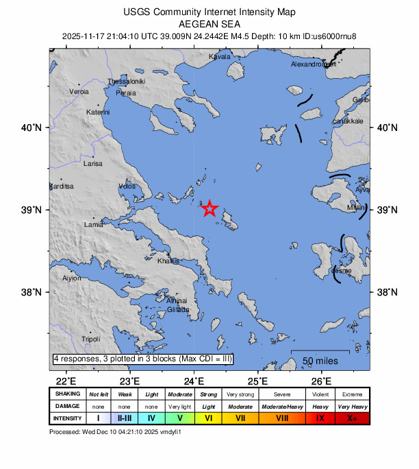 USGS DYFI community-reported intensity map for the M4.5 earthquake near 29 km WNW of Skýros, Greece