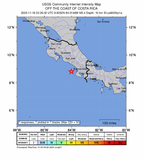 USGS DYFI community-reported intensity map for the M5.5 earthquake near 55 km WSW of Puerto Cortés, Costa Rica