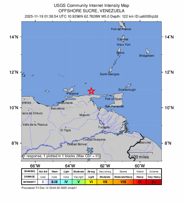 USGS DYFI community-reported intensity map for the M5.0 earthquake near 40 km N of Yaguaraparo, Venezuela
