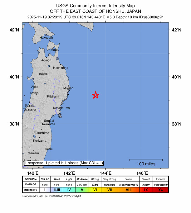 USGS DYFI community-reported intensity map for the M5.0 earthquake near 132 km ESE of Yamada, Japan