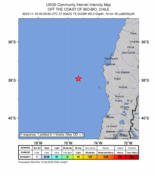 USGS DYFI community-reported intensity map for the M5.0 earthquake near 150 km WSW of Lebu, Chile