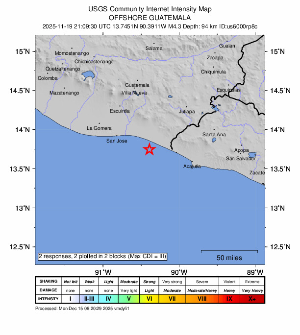 USGS DYFI community-reported intensity map for the M4.3 earthquake near 32 km SW of Pasaco, Guatemala