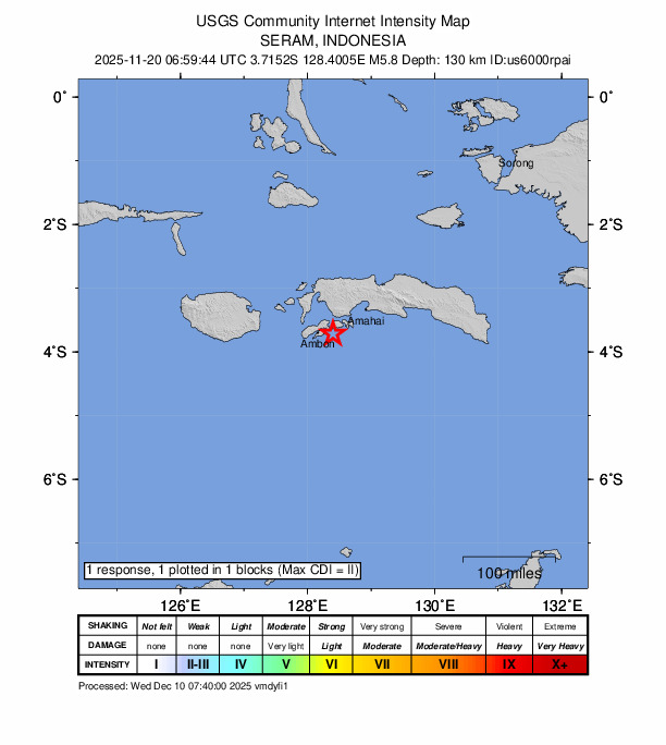 USGS DYFI community-reported intensity map for the M5.8 earthquake near 24 km E of Ambon, Indonesia