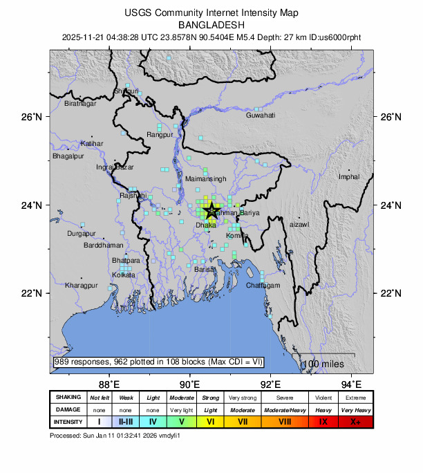 USGS DYFI community-reported intensity map for the M5.4 earthquake near 14 km ESE of Tungi, Bangladesh