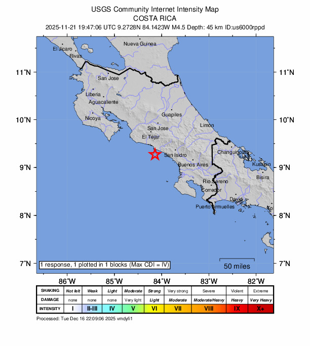 USGS DYFI community-reported intensity map for the M4.5 earthquake near 17 km S of Quepos, Costa Rica