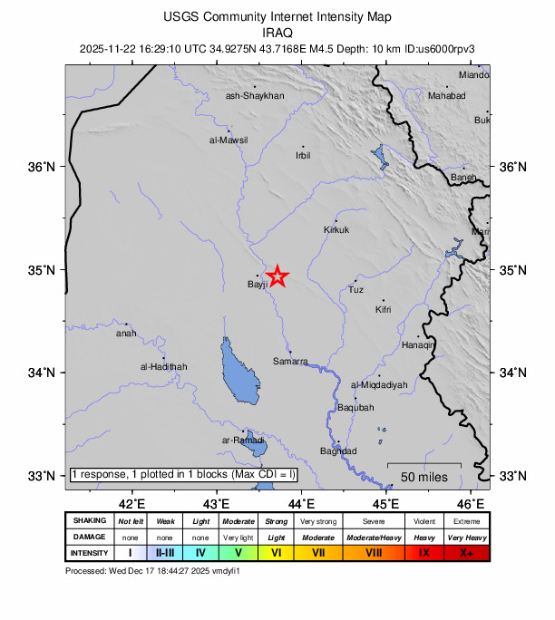 USGS DYFI community-reported intensity map for the M4.3 earthquake near 21 km E of Bayjī, Iraq
