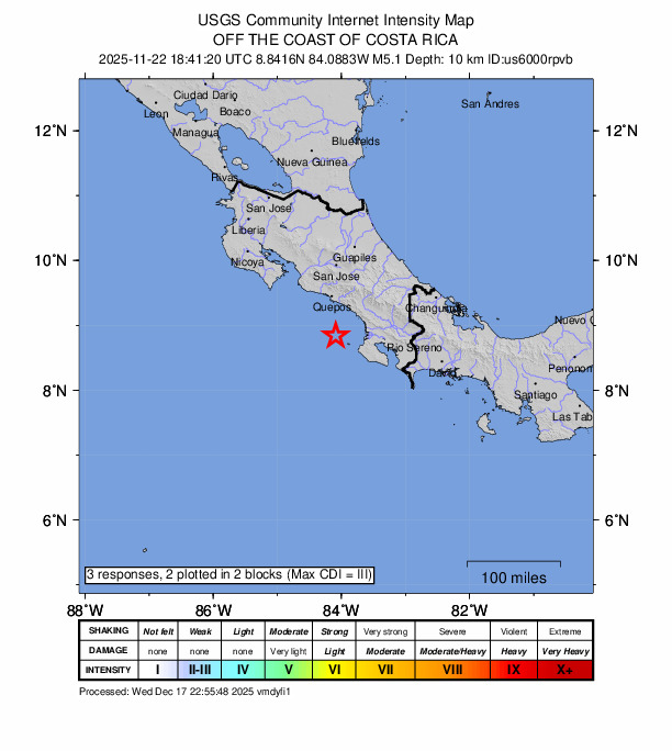 USGS DYFI community-reported intensity map for the M5.1 earthquake near 63 km WSW of Puerto Cortés, Costa Rica