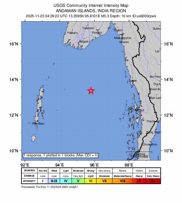 USGS DYFI community-reported intensity map for the M5.3 earthquake near 269 km WSW of Dawei, Burma (Myanmar)