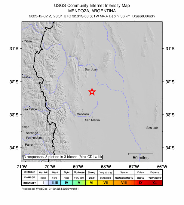 USGS DYFI community-reported intensity map for the M4.4 earthquake near 68 km S of Pocito, Argentina