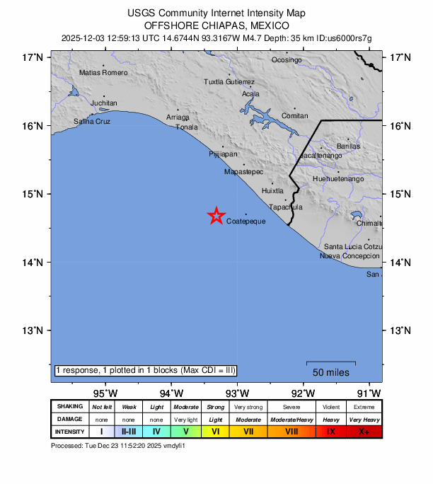 USGS DYFI community-reported intensity map for the M4.7 earthquake near 86 km SW of El Arenal, Mexico
