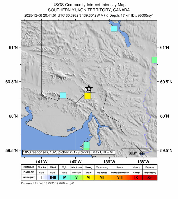 USGS DYFI community-reported intensity map for the M7.0 earthquake near 2025 Hubbard Glacier Earthquake