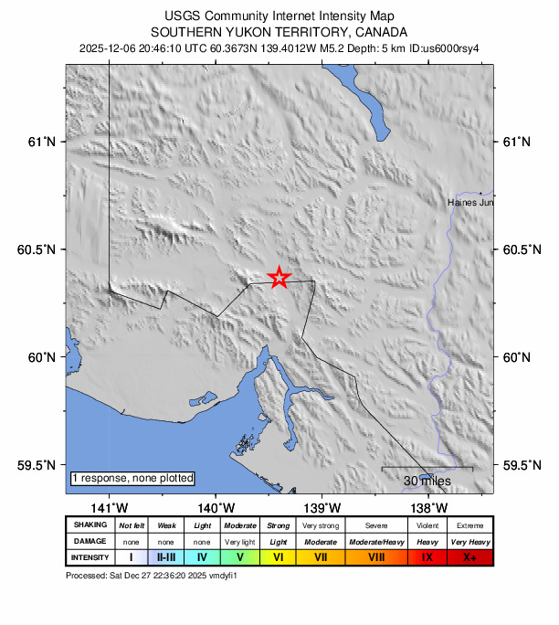 USGS DYFI community-reported intensity map for the M5.2 earthquake near 93 km NNE of Yakutat, Alaska