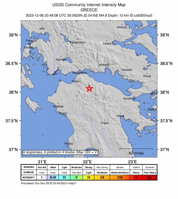 USGS DYFI community-reported intensity map for the M4.8 earthquake near 7 km WNW of Kalávryta, Greece