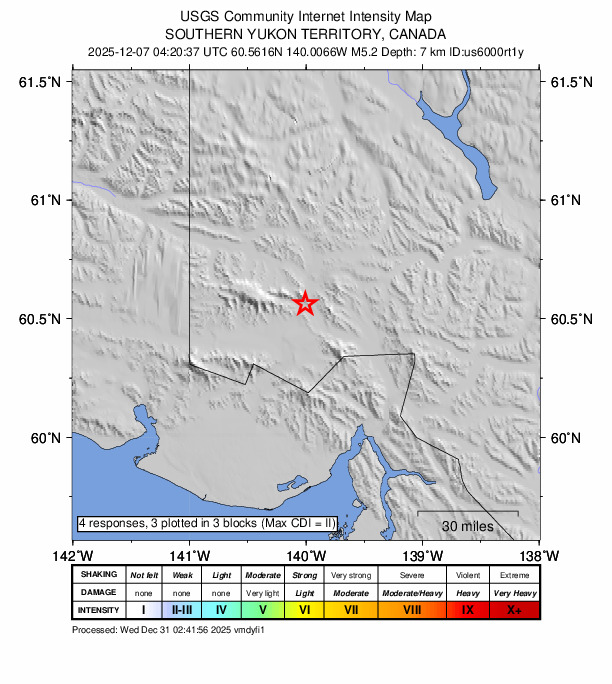 USGS DYFI community-reported intensity map for the M5.2 earthquake near 114 km N of Yakutat, Alaska