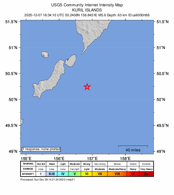 USGS DYFI community-reported intensity map for the M5.6 earthquake near 72 km SE of Severo-Kuril’sk, Russia