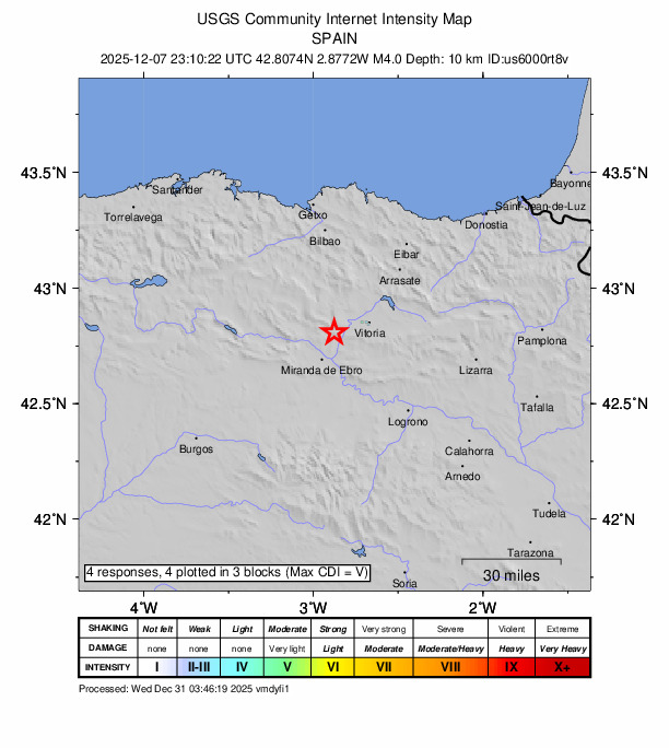 USGS DYFI community-reported intensity map for the M4.0 earthquake near 9 km N of Armiñón, Spain