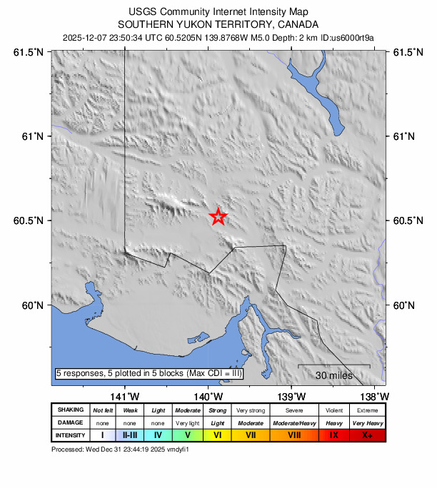 USGS DYFI community-reported intensity map for the M5.1 earthquake near 109 km N of Yakutat, Alaska