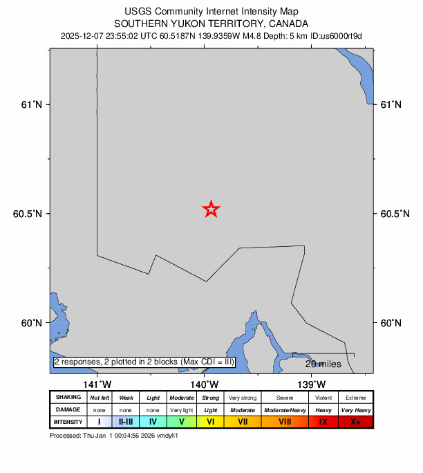 USGS DYFI community-reported intensity map for the M4.8 earthquake near 108 km N of Yakutat, Alaska