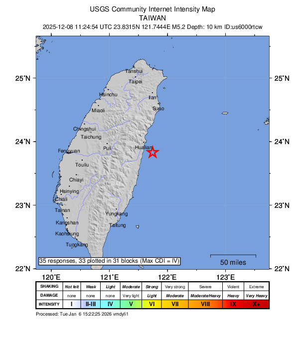 USGS DYFI community-reported intensity map for the M5.2 earthquake near 21 km SE of Hualien City, Taiwan