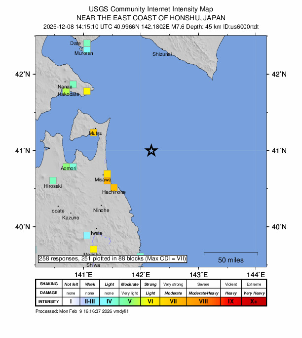 USGS DYFI community-reported intensity map for the M7.6 earthquake near 2025 Aomori Prefecture, Japan Earthquake