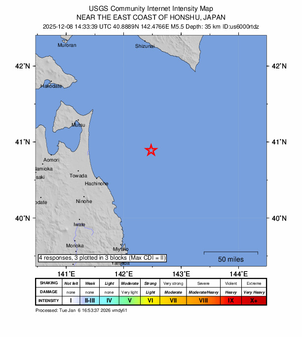 USGS DYFI community-reported intensity map for the M5.5 earthquake near 93 km ENE of Hachinohe, Japan