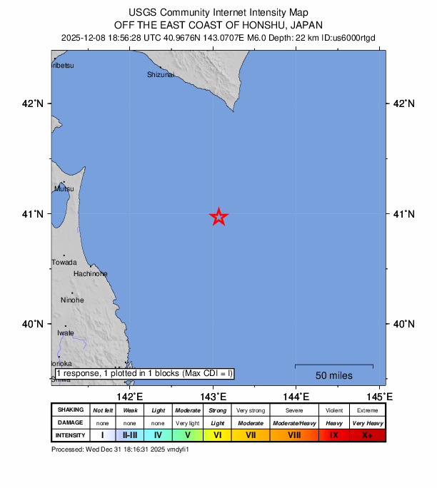 USGS DYFI community-reported intensity map for the M6.0 earthquake near 127 km S of Honchō, Japan