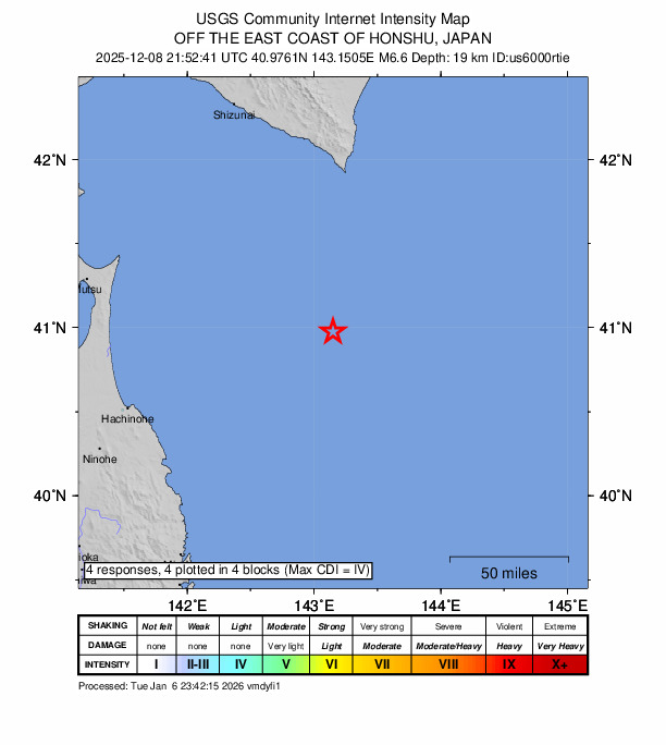 USGS DYFI community-reported intensity map for the M6.6 earthquake near 129 km S of Honchō, Japan