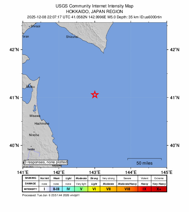 USGS DYFI community-reported intensity map for the M5.0 earthquake near 112 km S of Honchō, Japan