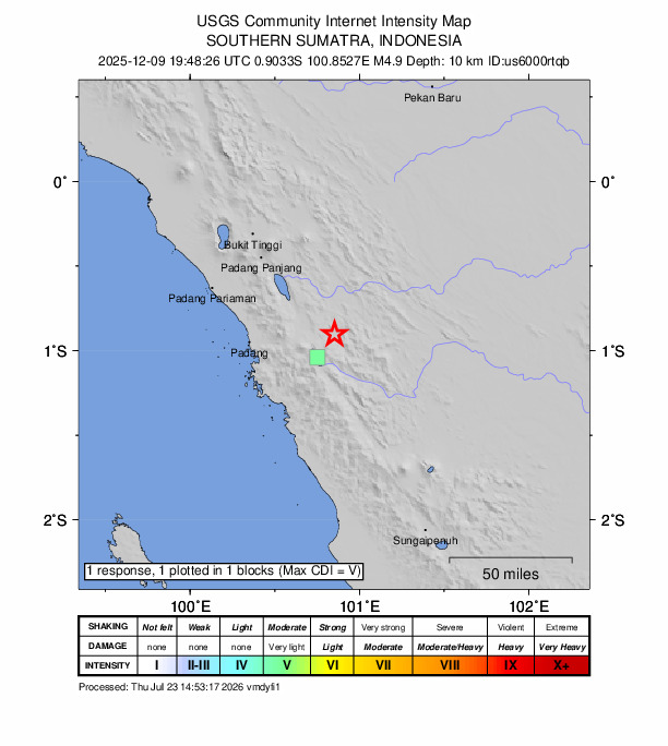 USGS DYFI community-reported intensity map for the M4.9 earthquake near 24 km ESE of Solok, Indonesia