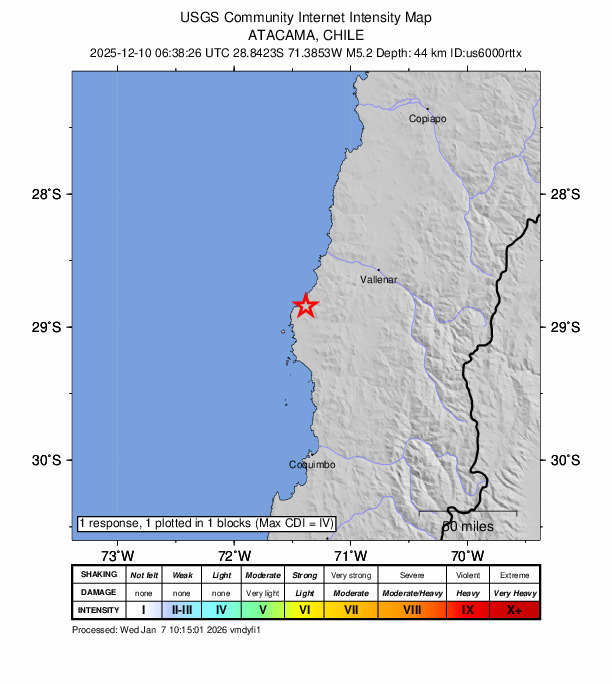 USGS DYFI community-reported intensity map for the M5.2 earthquake near 67 km WSW of Vallenar, Chile