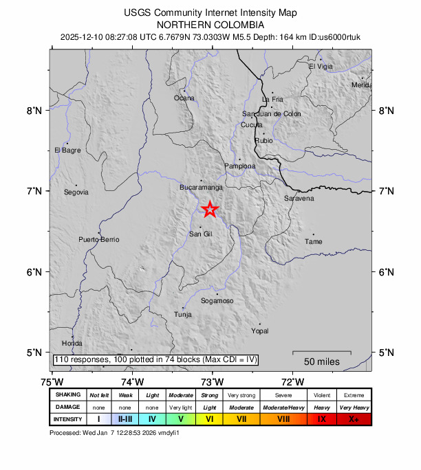 USGS DYFI community-reported intensity map for the M5.5 earthquake near 5 km WNW of Cepitá, Colombia