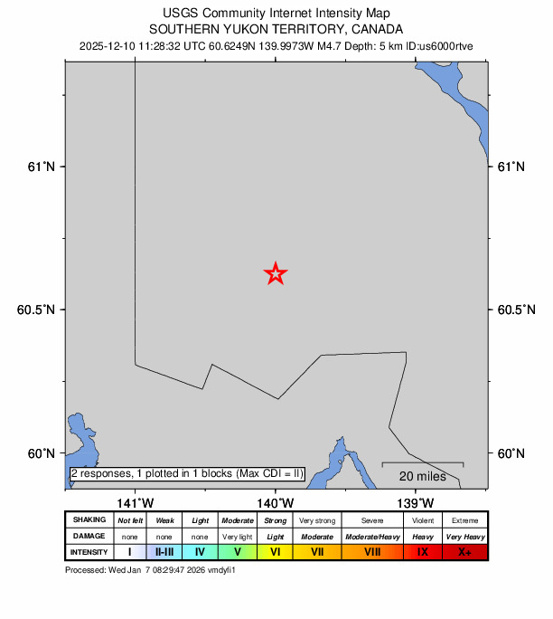 USGS DYFI community-reported intensity map for the M4.7 earthquake near 121 km N of Yakutat, Alaska