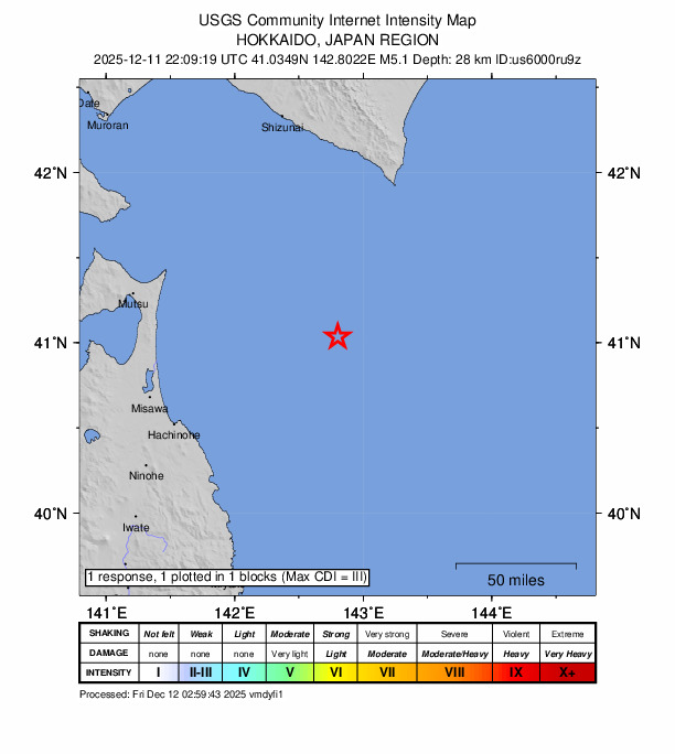 USGS DYFI community-reported intensity map for the M5.0 earthquake near 111 km S of Honchō, Japan