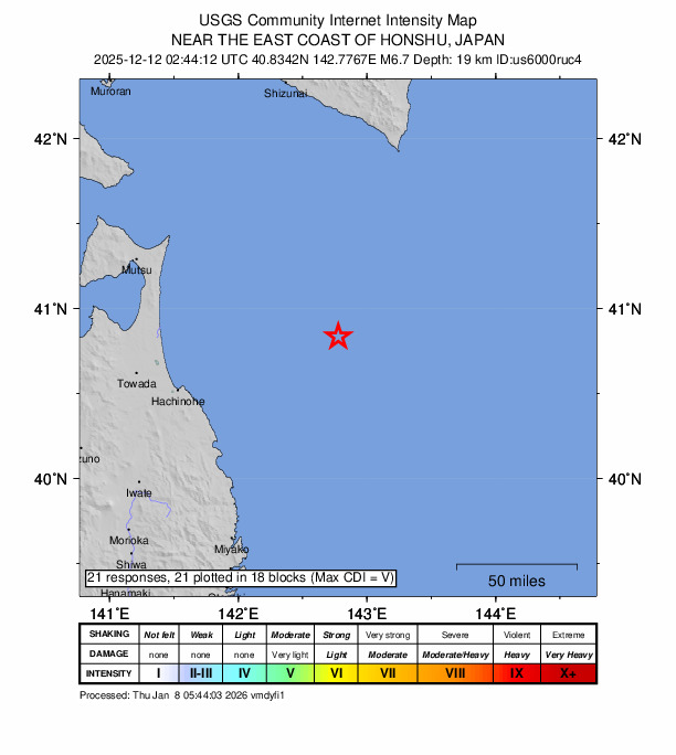 USGS DYFI community-reported intensity map for the M6.7 earthquake near 117 km NE of Kuji, Japan