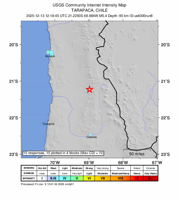 USGS DYFI community-reported intensity map for the M5.4 earthquake near 75 km W of Ollagüe, Chile