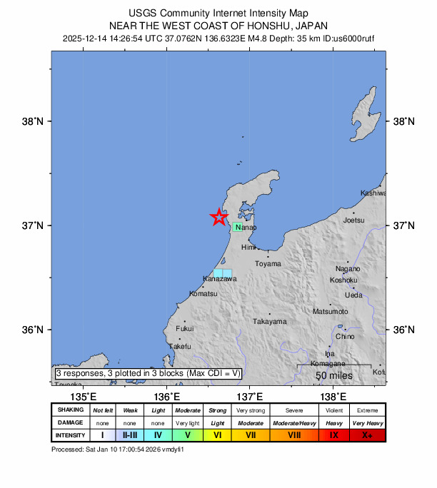 USGS DYFI community-reported intensity map for the M4.8 earthquake near 23 km NNW of Hakui, Japan