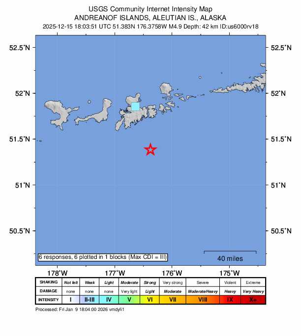 USGS DYFI community-reported intensity map for the M4.9 earthquake near 57 km SSE of Adak, Alaska