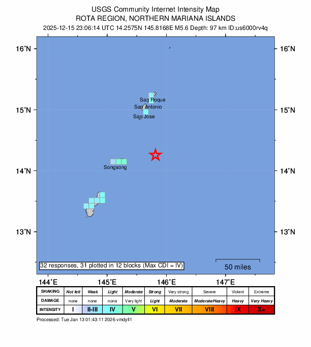 USGS DYFI community-reported intensity map for the M5.6 earthquake near 90 km SSE of San Jose Village, Northern Mariana Islands