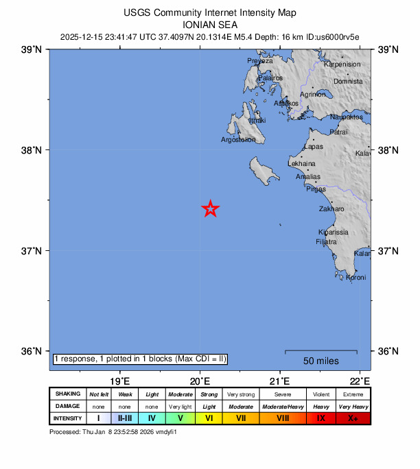 USGS DYFI community-reported intensity map for the M5.4 earthquake near 70 km WSW of Lithakiá, Greece