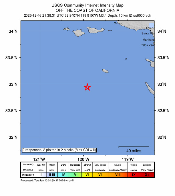 USGS DYFI community-reported intensity map for the M3.4 earthquake near 149 km SSW of Channel Islands Beach, California