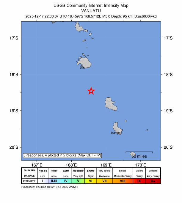 USGS DYFI community-reported intensity map for the M5.0 earthquake near 82 km SSE of Port-Vila, Vanuatu