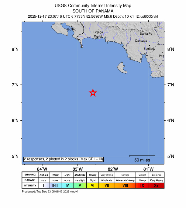 USGS DYFI community-reported intensity map for the M5.6 earthquake near 148 km SSE of Burica, Panama